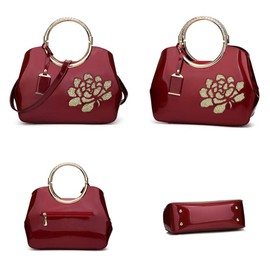 Women Tote, Patent Leather Handbag, Elegant Top Handle Bag Purse Flower Embroidery Fashion Shoulder Crossbody Bag for Evening Party, Wedding, Working, Black