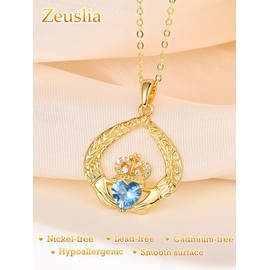 Zeuslia Claddagh Necklace for Women Irish Claddagh Pendant Birthstone Pendant Necklace Crown Jewellery Anniversary Wedding Birthday Gifts for Women, Sterling Silver, Topaz