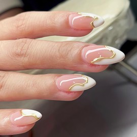 White French Tip Press on Nails Gold Line Fake Nails Medium Almond False Nails Nails Press ons Nail Tips Stick on Nails Full Cover Chrome Gold Line Artificial Acrylic Nails for Women Manicure 24Pcs