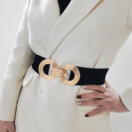 Heyjoin Women's Elastic Vintage Belt Stretchy Wide Waist Belt Metal Buckle Braided Waistband (Two Ring Black-XXL)