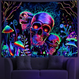 Amonercvita Blacklight Skull Tapestry Fantasy Plant Floral Wall Tapestry UV Reactive Neon Mushroom Tapestry Galaxy Space Tapestry Wall Hanging for Home Decor(H70.8×W92.5 inches)