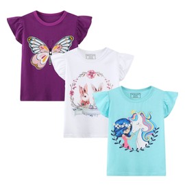 Toddler Girl's Tee Shirts Summer Puff Short Sleeve Cotton Casual Crewneck Graphic Ruffle Cap Easter Purple Butterfly T-Shirts Tops 3 Packs Sets 4T