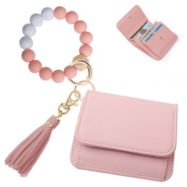 Sunpour Keychain Wallet RFID Wristlet Wallets for Women,Small Wallets Woman Key Chain Wallet with Coin Pocket and Id Window (Pink)