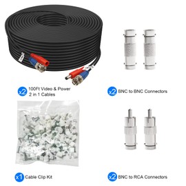 BNC Cable 100ft 2 Pack Aimyzii BNC Video Power Cable,Security Camera Cable for CCTV Camera DVR Security Systems(Included 4X BNC Adapters,100 Pcs Cable Clips)-Black
