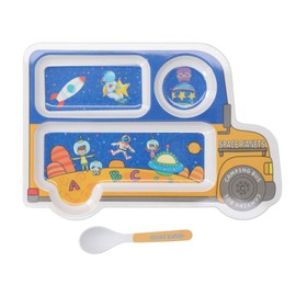 Kids Dinner Plate with Spoon Bamboo Fiber Divided Plates Cartoon Pattern Mealtime Tableware Safe Dinnerware for Students Type B