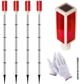 Rossesay 4 Pack 44'' Solar Powered Driveway Markers Reflective Landscape Lights with Drill Bit Gloves for Snow Road Parking Outdoor Yard(Red)