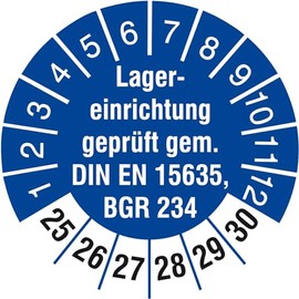 100 Test Labels 30 mm Storage Equipment Tested DIN EN 15635 BGR 234 2025-2030 Test Badges