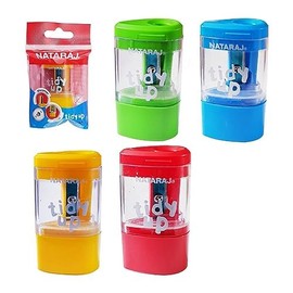 Tidy-Up Pencil Sharpeners, 2-in-1 Single Hole Tub Pot Sharpener Erasers, Multicolour, Pack of 4, Perfect School Office Home Use, iZOFAX Black Ball Pen