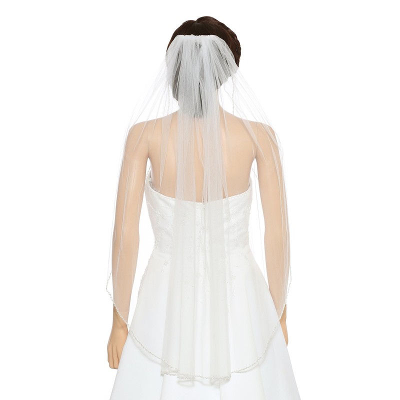 SAMKY 1T 1 Tier Pearls Bugle Beaded Wedding Veil V395