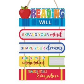 HOURIA Colorful Reading Classroom Decorations,Reading Will Take You Everywhere School Library Wall Decor,Book Lovers Gifts,11.4X21.5” Inspirational Quotes Wood Sign for Kids' Room Elementary Classroom