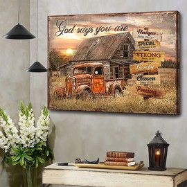Farmhouse Barn Canvas Wall Art Rusty Red Trucks Vintage Pictures Wall Decor Bible Verse God Says Wall Art Country Sunset View Painting for Bedroom Bathroom Living Room Prints Framed 12"x16"