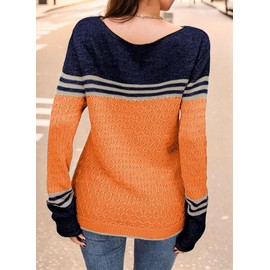 WIFFGO Womens Sweaters Fall Colorblock Pullover Long Sleeve Round Neck Cute Fitted Striped Knitted Tops for Women Trendy Orange