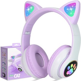 PREMCC LED con Luz Audifonos Inalámbricos Pata de Gato Auriculares Plegables sobre la Oreja con Micrófono