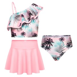 GRACE KARIN Girls' Bikini Set of 3 Adjustable Shoulder Strap Ruffle Tankini with Skirt 5-12 Years, Pink Palm Tree