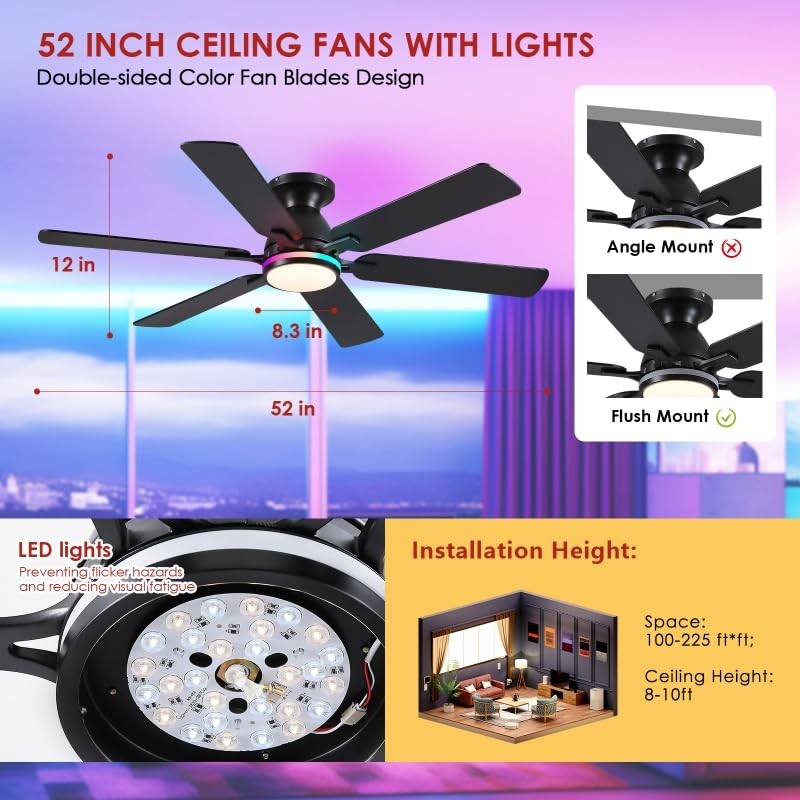 Mpayel Ceiling Fans with Lights- 52" RGB Low Profile Indoor