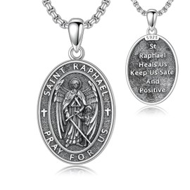 Cargari St Raphael The Archangel Necklace Pendant Medal 925 Sterling Silver Oval Archangel Raphael Religious Amulet Jewelry Gift for Men Women