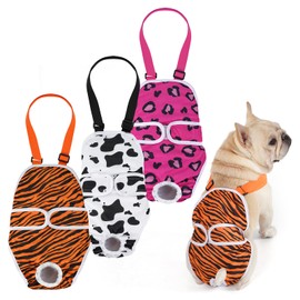 Avont 3 Pack Frenchie Dog Diapers Female, Washable Reusable Girl Doggie Pants for Period Heat Cycle, Full Body Cover Onesie with Adjustable Straps -Tiger/Cow/Leopard S