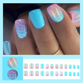 24 Pcs Blue Press on Nails Short Square,MINGCHUN Summer Cute Ombre Fake Nails Press ons Acrylic Nail Art Tip Kit Full Cover False Nails Glue on Nails with Gold Glitter Scales Glossy Design for Women
