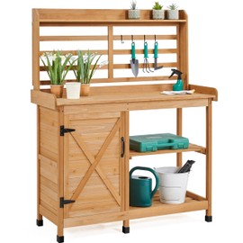 Topeakmart Outdoor Potting Bench, Large Horticulture Work Table Workstation with Storage Cabinet Shelf & Planting Working Console for Garden, Patio, Lawn, Gray