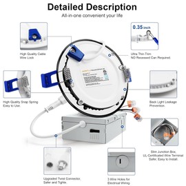 Adetu 12 Pack 4 Inch Black LED Recessed Ceiling Light with Junction Box, 5CCT Ultra-Thin Dimmable Canless Wafer Downlight, 2700K-5000K Selectable, 12W Eqv 110W, 1080LM High Brightness, ETL Certified