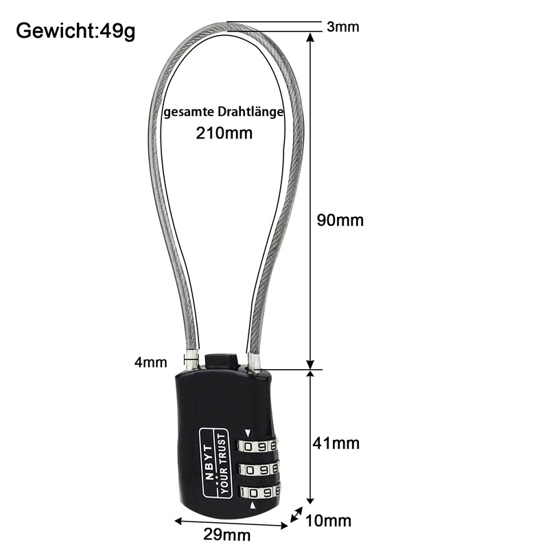 NBYT 3 Digit Combination Lock Steel Wire Diameter 3mm Suitable