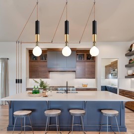 Insertable minimalist cylindrical chandelier with switch, black gold coffee-colored rope, up to 18 feet long, suitable for kitchen island sink, exhibition, car camping, bedroom, dining room