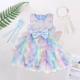 YOOCHUENG Girls Rainbow Tutu Dress Set Ruffle Princess Party Gown with Back Zip 4-9 Years,Flower Girl Wedding Bridesmaid Dress for Party Birthday,Includes Hair Hoop,Wand & Gift Box (120cm,5-6 Years)