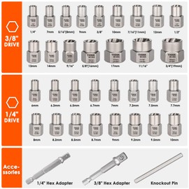 THINKWORK Easy Out Bolt Extractor Kit, 35 PCS Nut Extractor Socket Set, 1/4" and 3/8" Drive Remover Tool for Damaged, Broken, Rusted, Rounded-Off Bolts, Nuts, Screws