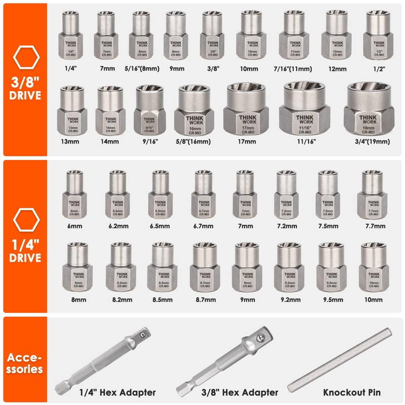 THINKWORK Easy Out Bolt Extractor Kit, 35 PCS Nut Extractor