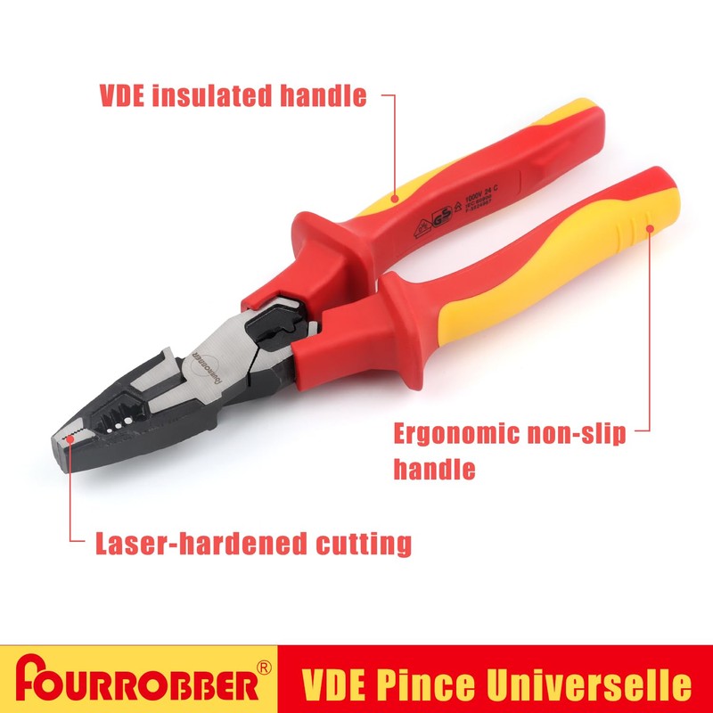FOURROBBER VDE Plier Universal Combination Plier,with Insulated Handles 60CrV, VDE-Tested