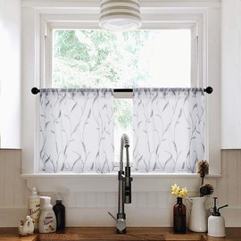 MRTREES Sheer Tier Curtains Rod Pocket, Leaves Embroidered Kitchen Tiers, Short Sheer Voile Cafe Curtains Small Window Treatment for Bathroom(2 Panels, 30x24 Inches, Grey Wheat Spike)