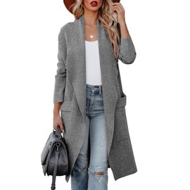 Women's Open Front Knited Loose Cardigan Casual Long Sleeve Draped Knit Pockets Long Jackets Sweater Grey
