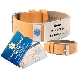 Pre-Engraved "Bone Marrow Transplant" Medical Alert Identification Tan Top Grain Leather Wrist Band