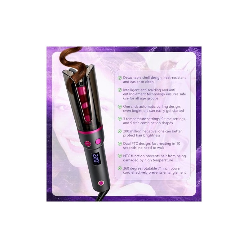 Automatic Curling Iron with Smart Anti-Tangle Design - Travel Friendly