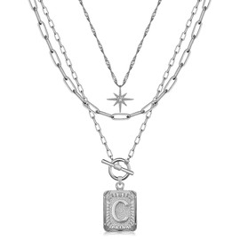 MJartoria Layered Initial Necklaces for Women Trendy, 14K Gold Plated Simple Star Choker Square Letter Pendant Necklace, Paperclip Chain Necklace, Gold Necklaces Jewelry Gifts (Silver, C)