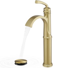 HEYMYTAP Tall Vessel Sink Faucet, Brass Waterfall Bathroom Sink Faucet Single Handle, Gold Bathroom Faucet 1 Hole, Tall Bathroom Faucets with Pop-Up Drain Water Supply Hoses