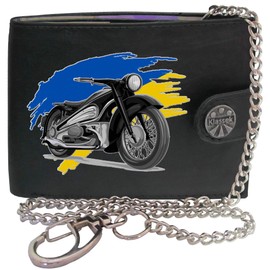 Biker Classic Vintage Motorbike Motorcycle Ukraine Flag Mens Chain Wallet Gift Box KLASSEK Brand Real Black Leather RFID Blocking with Coin Pocket