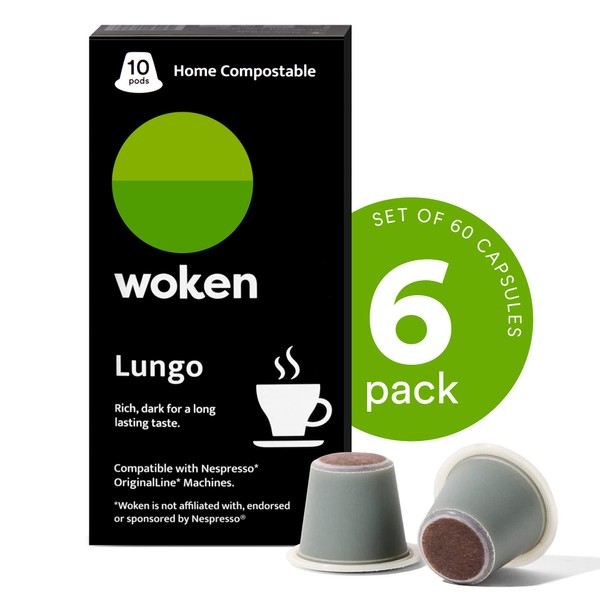 Cápsulas de café compostables compatibles con Nespresso, Woken Lungo Roast, cápsulas de café para máquinas Nespresso, alternativa ecológica, compostable certificada