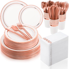 meekoo 350 Pcs Paper Plates Set Disposable Party Dinnerware for 50 Guests 9in and 7in Dinner Paper Plates Dessert Plates Napkins Gold Rimmed Cups Knives Forks Spoons(Rose Gold and White, Round)