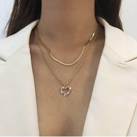 TseenYi Multilayer Crystal Heart Necklace Golden Herringbone Chain CZ Heart Pendant Necklace Snake Chain Choker Necklace Crystal Infinity Heart Necklace, Zinc