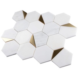 NBG-1 3“ Hexagon White and Gold Metal Stainless Steel Polished Marble Tile (1 Sheet)