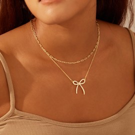 Gold Layered Necklaces for Women Dainty 14K Gold Plated Stack Diamond Bow Pendant Necklace Cute Trendy Small Tiny Bow Choker Chain Necklace Set for Women Simple Gold Jewelry Gift