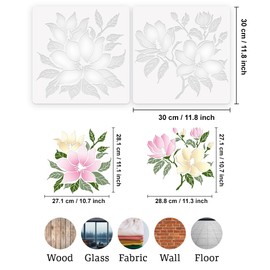 2Pcs Magnolia Flower Wall Stencil Templates 30 x 30cm Reusable Plastic Magnolia Stencils for Painting on Wood Wall Floor Fabric Glass Furniture, DIY Home Decor Or Craft Stencils