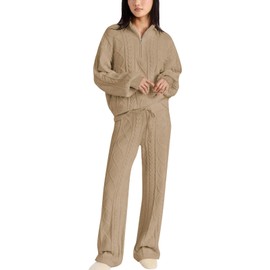 Paintcolors Womens 2 Piece Lounge Set Oversized Fall Knit Pajamas Long Sleeve Top Wide Leg Pants Pjs Sets Loungewear -Khaki_t09 L