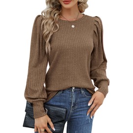 HOTOUCH Womens Elegant Knitted Shirts Lightweight Round Neck Blouse Tops Long Puff Sleeve Tunic Brown M