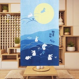 Japanese Noren Door Cover Curtain Bunnies Frolicking Under Moon Printing Doorway Curtain Home Privacy Partition Decor, 33.5 Inch by 59.1 Inch, Blue
