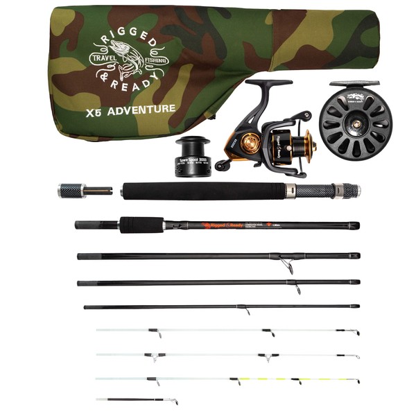 Rigged and Ready X5 Travel Fishing Combination.Super Compact,Carry Size 40cm(15.8’),Multi-Functional Rod+4 Tips,1 Spin Reel +1 Fly Reel + case. 1 Rod 5 Fishing Options.2.22m(7’ 3”)+1.9m (6'3") Length