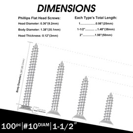 White Head 100 PCS #10X1-1/2(1.5 inch) Stainless Steel Phillips Flat Head Wood Screws,Stainless Steel 18-8 A2(304) Screw,Home Screw Kit by QISHENG