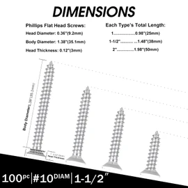 White Head 100 PCS #10X1-1/2(1.5 inch) Stainless Steel Phillips Flat Head Wood Screws,Stainless Steel 18-8 A2(304) Screw,Home Screw Kit by QISHENG
