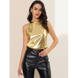 Allegra K Women's Metallic Tank Tops Shiny Sleeveless Party Disco Shirt Large Shiny Gold